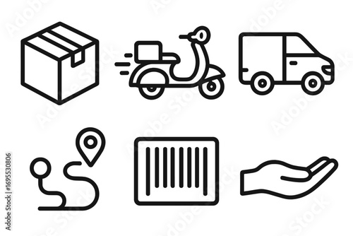 Line art icon set for delivery and logistics. Shipping service concepts for e-commerce: package, express scooter, van transport, GPS route tracking, barcode, and handling.