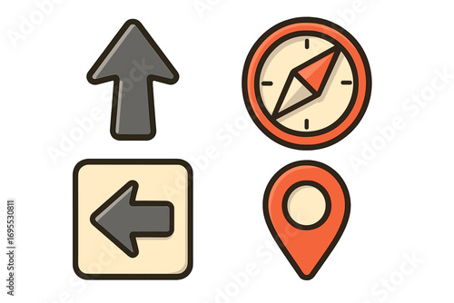 Navigation and direction icon set. Vector collection with compass, map pin pointer, and arrows. Location, GPS, and travel symbols for web, app, and interface design.