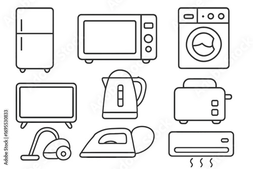 Household appliances vector icon set. Linear icons of home electronics. Refrigerator, microwave, washer, TV, kettle, toaster, vacuum, iron, air conditioner symbols.