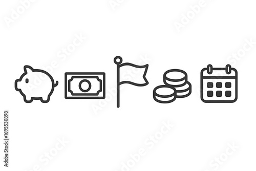 Minimalist finance icons set for business goals. Vector line art collection with piggy bank, money bill, flag milestone, coins, and calendar for financial planning and savings.