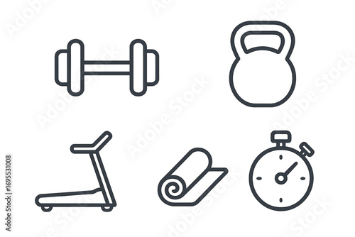 Gym and fitness line icon set. Minimalist vector icons of dumbbell, kettlebell, treadmill, yoga mat, stopwatch. For workout, exercise, athletic training, and sport design.
