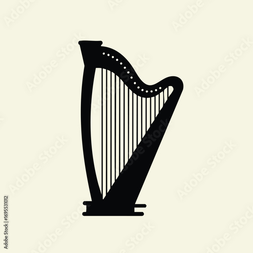 Silhouette of a black harp against a cream background, musical instrument.