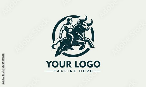Muscular man riding a powerful bull, encircled in a logo design.