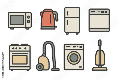 Home appliance icon set. Vector illustration of minimalist kitchen equipment and cleaning tools. Modern household machines collection. Flat cartoon graphic design elements.