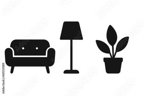 Minimalist home decor icon set. Furniture silhouettes for interior design concepts. Vector illustration of a sofa, floor lamp, and a potted houseplant for modern living rooms.