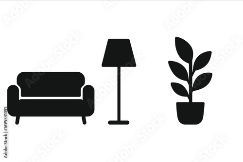 Minimalist furniture icon set silhouettes. Home decor elements for interior design. Simple modern living room objects, sofa, floor lamp, and houseplant vector illustration.