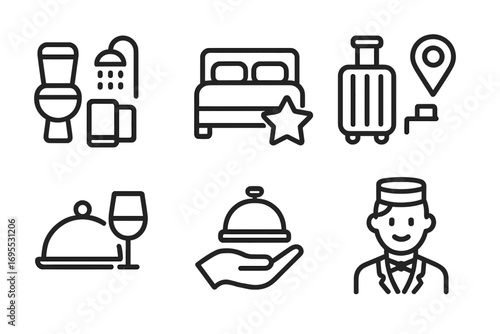 Hotel service icon set. Vector line symbols for hospitality, travel, accommodation. Minimalist design for web and mobile. Concierge, room service, luggage, booking, rating icons.