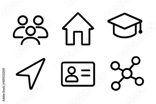 Minimalist line icon set. Concepts of teamwork, home, education, navigation, identity, and network. Vector symbols for websites, user interfaces, and mobile apps.