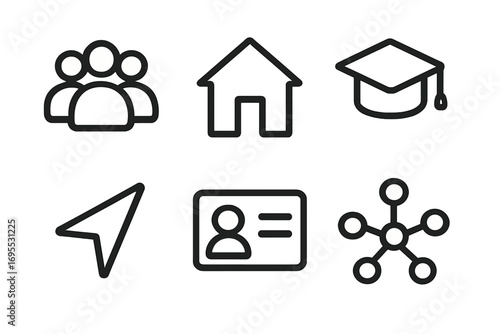 Minimalist line icon set for web and app design. Vector symbols for teamwork, community, home, education, university, navigation, identity, and network connection concepts.