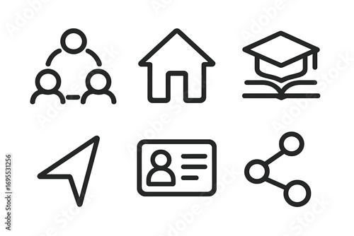 Vector line icons collection. Minimalist pictograms for web and app UI. Includes teamwork, home, education, navigation, identity card, and share symbols for business design.