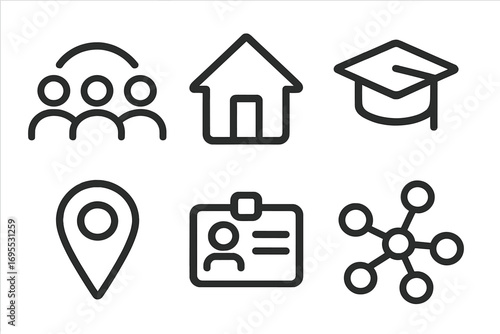 Minimalist icon set for business and web. Line art symbols for teamwork, home, education, navigation, identity, and network. Vector illustration for UI design elements.
