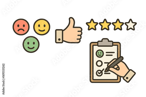Customer satisfaction survey concept with feedback icons. Evaluation process with star rating system, emojis, and checklist. Service quality review and client experience.