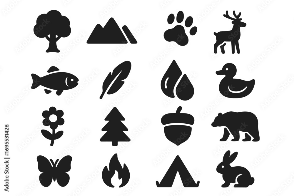 Fototapeta premium Nature and wildlife solid icons set. Forest animal silhouettes for outdoor adventure, camping, hiking. Vector symbols of bear, deer, fish, tree, mountain, and campfire.