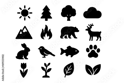Nature and wildlife solid icons set. Forest animal and plant silhouette symbols. Vector collection of outdoor elements like bear, deer, tree, mountain, sun, and fire.