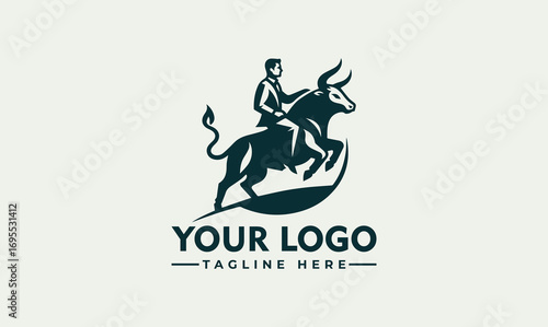 A stylized logo featuring a businessman confidently riding a charging bull, representing growth.