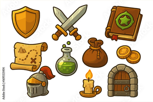Fantasy RPG icon set for a medieval quest. Vector game assets with a shield, sword, magic book, potion, treasure map, helmet, gold coins, and a dungeon door illustration.