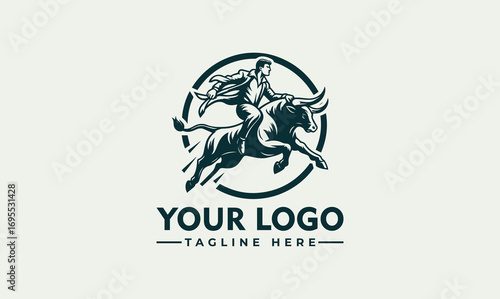 A stylized logo depicting a man riding a bull within a circle, with space for a logo name and tagline below.