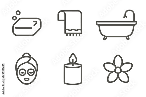 Minimalist line art bathroom and spa icons set including soap, towel, bathtub, facial mask, candle, flower, relaxation, wellness symbols, vector illustration, clean design, transparent background