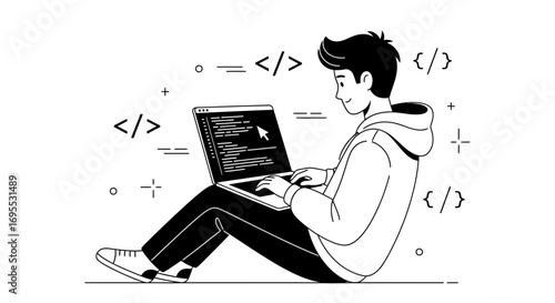 Creative Coding: A Young Man Focused On Writing Digital Codes, Programming On His Laptop