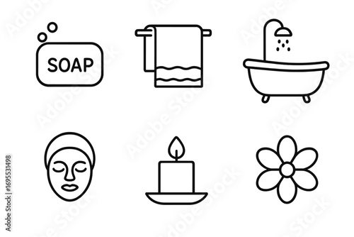 Minimalist line art bathroom and spa icons set with soap bar, towel, bathtub shower, facial mask, scented candle, and flower vector illustration for relaxation and wellness design