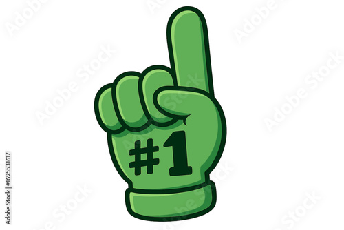 Number 1 fan foam finger. Hand glove for sport support. First place winner concept. Victory celebration symbol. Best team supporter icon. Champion cheering gesture cartoon vector.