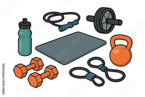 Vector cartoon set of fitness equipment for home workout. Gym accessories collection with dumbbell, kettlebell, jump rope, ab wheel, mat, resistance band for exercise.