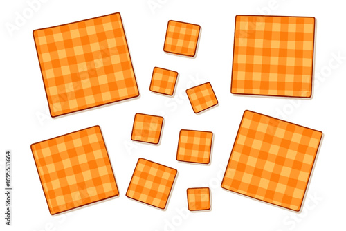 Orange gingham pattern tablecloth squares. Vector cartoon set of checkered picnic blanket napkins for background design. Isolated textile fabric swatches for a cozy rustic feel.