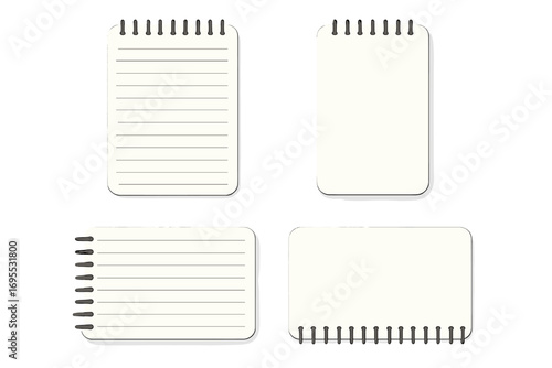 Realistic spiral notebook mockup set with blank lined and plain pages, note pad templates, vector cartoon illustration with transparent background, stationery collection
