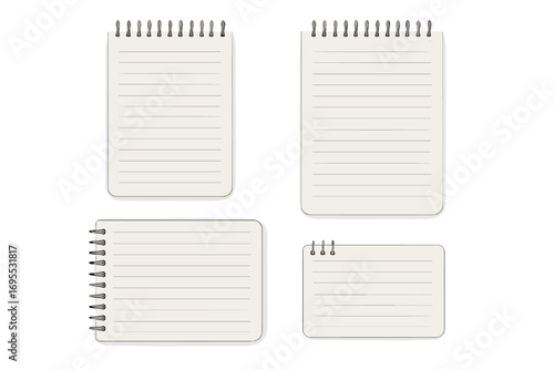 Realistic notebook mockup set with spiral bound rings, blank lined pages, notepad collection, empty paper sheets, vector cartoon style illustration, transparent background, ordered stationery bundle