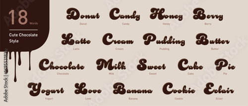 This vector features 18 cute chocolate-style words with round shapes, ideal for dessert designs, with scalable and color options.