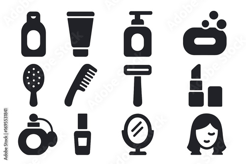 Personal care solid icons set. Grooming and beauty essentials vector collection. Flat glyph style. Shampoo, soap, razor, lipstick, perfume, cosmetics, hygiene items.