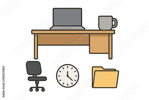 Minimalist office essentials icons with desk, laptop, coffee mug, swivel chair, clock, and folder. Clean vector cartoon illustration set for business workspace design