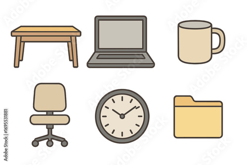 Minimalist office essentials vector icons set with desk, laptop, coffee mug, swivel chair, wall clock, folder, transparent background, workspace elements, cartoon style