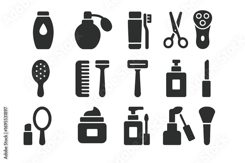 Personal care solid icons set. Grooming and beauty essentials glyph collection. Vector flat illustration of hygiene, cosmetic, and bathroom products for web and mobile design.