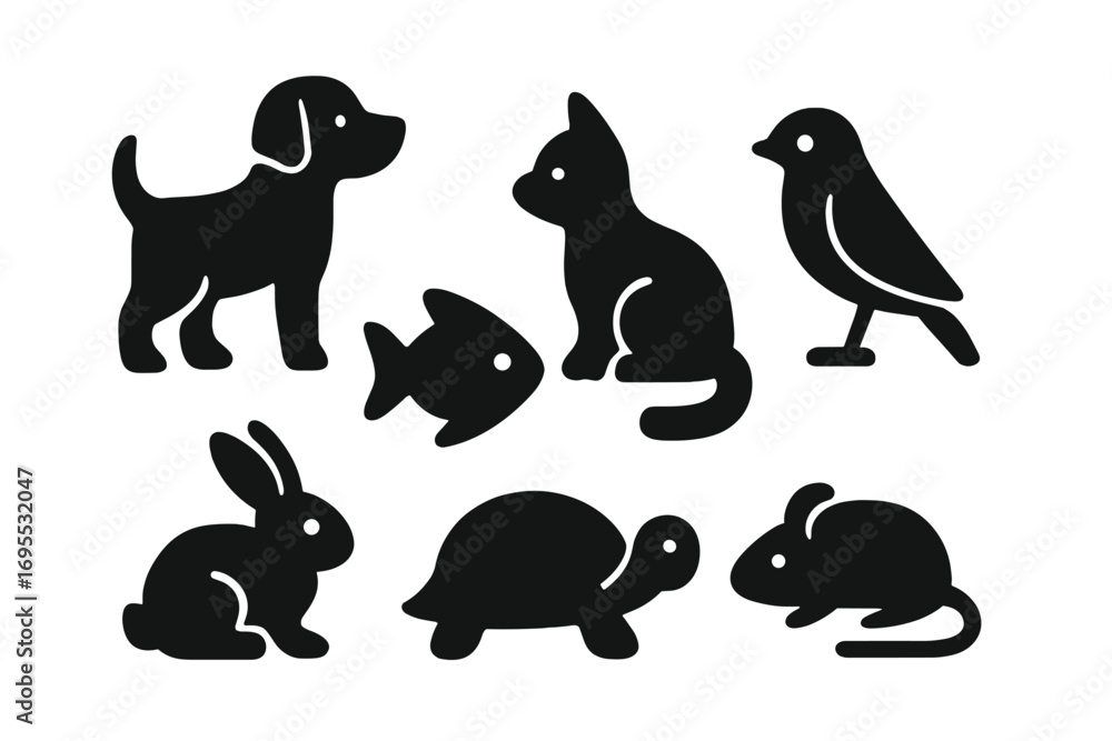 Fototapeta premium Minimalist black pet silhouettes collection with dog, cat, fish, bird, rabbit, turtle, mouse icons. Vector cartoon animal set with transparent background for design and decoration