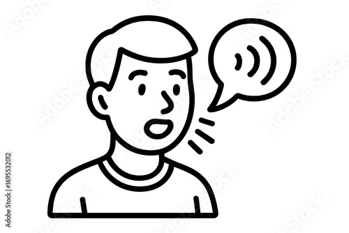 Person speaking icon in linear style with speech bubble sound waves, vector cartoon illustration with transparent background, communication, dialogue, talking, expression