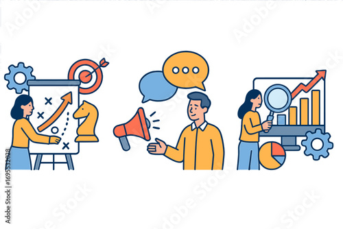 Marketing concepts illustration set with strategy, communication, and data analytics. Vector icons for business planning, promotion with megaphone, and market research growth.