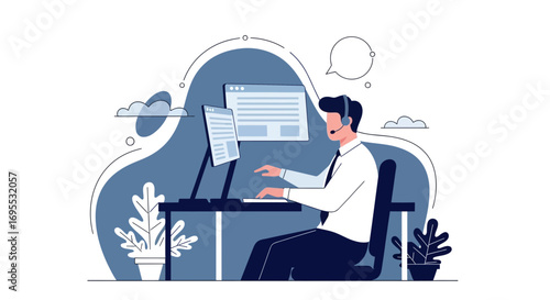 Customer Support Representative Working On Computer With Headset, Modern Business Concept