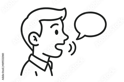 Person speaking icon, linear style vector illustration, cartoon profile of man talking with speech bubble, communication symbol, transparent background, conversation concept