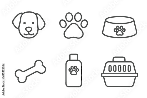 Minimalist pet care icons set with simple outline style, dog face, paw print, bone, food bowl, shampoo bottle, carrier, vector cartoon illustration with transparent background