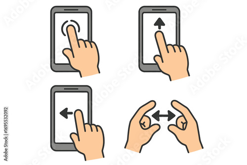 Touch screen hand gestures icon set for mobile device navigation. Vector collection of tap, swipe up, scroll, pinch, and zoom for smartphone UI/UX design guide tutorial.