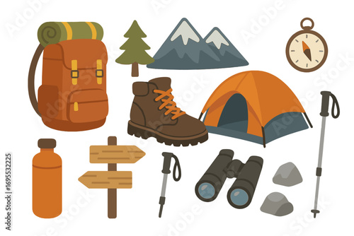 Hiking gear and camping equipment icon set. Vector flat cartoon illustration. Mountain adventure elements. Backpack, tent, boot, compass, binoculars for trekking and travel.