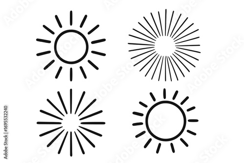 Flat style black sun rays vector icons set on white background, simple minimalistic cartoon sunburst shapes, circular and linear sun rays illustration, transparent background