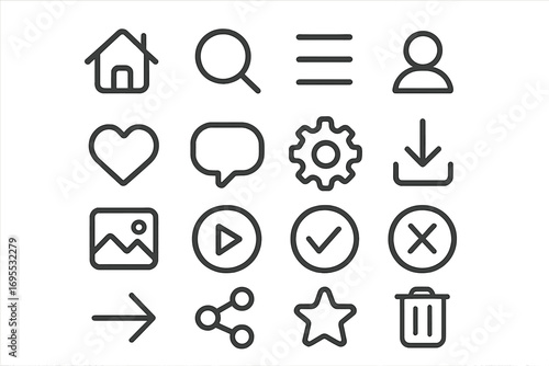 Minimalist User Interface Icons Set for Web Design and Apps, Vector Cartoon Illustration with Transparent Background, Modern Flat Line Art for Digital UI UX Design