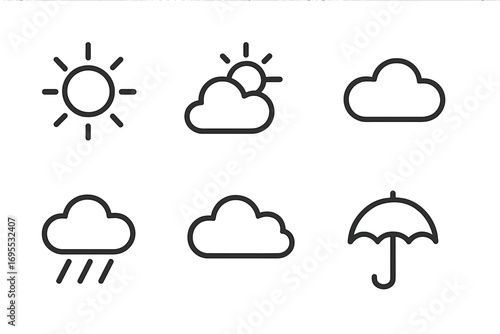 Minimalist weather icons set with sun, clouds, rain, and umbrella symbols, vector cartoon illustration, transparent background, simple design, modern meteorology symbols collection