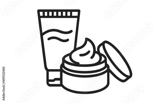 Cosmetic cream tube and jar line icon. Skincare product symbol. Beauty lotion, moisturizer, face cream in container. Outline vector illustration for makeup and self-care.