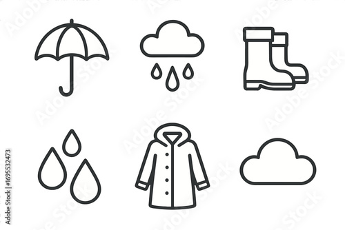 Minimalist weather icons set umbrella rain boots raincoat water drops cloud simple line art vector cartoon illustration transparent background ordered collection