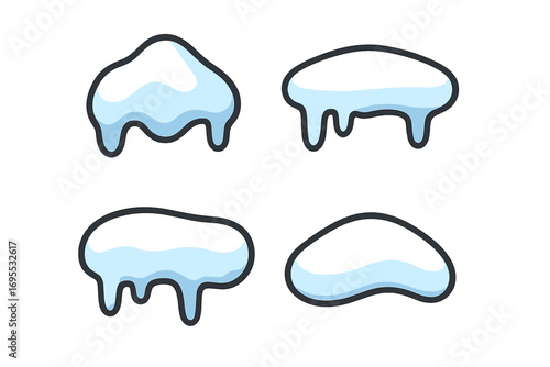 Vector snow cap set. Cartoon snowdrift pile for winter decoration. Ice snowball element collection. Christmas design asset. Frozen snowballs and cool winter caps icon.