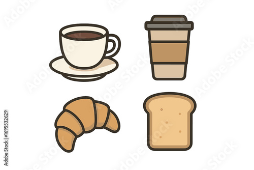 Modern coffee icons set featuring breakfast essentials, minimalist style vector cartoon illustration, including coffee cup, takeaway coffee, croissant, and bread slice, transparent background
