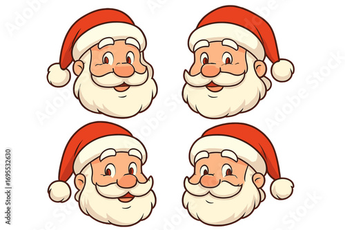 Santa Claus face vector cartoon illustration set. Happy jolly Christmas character head collection. Cute holiday design element with red hat and white beard for winter fun.